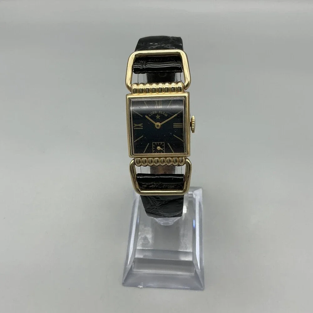 Vintage Lord Elgin Mens Watch 21mm Black Dial 14K Gold Filled 4602 Manual Wind